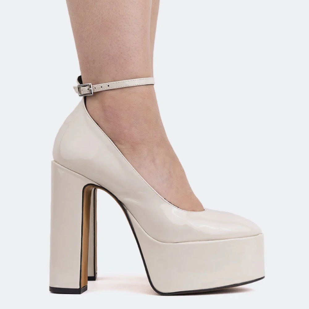 Off White Cream Patent Leather Ankle Strap Platform Heels